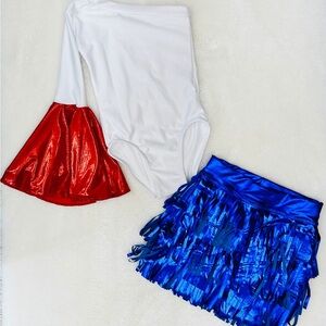 WholesomeGoodsCo RWB Patriotic Fringe Skirt + Red and White Bell-sleeve Leotard